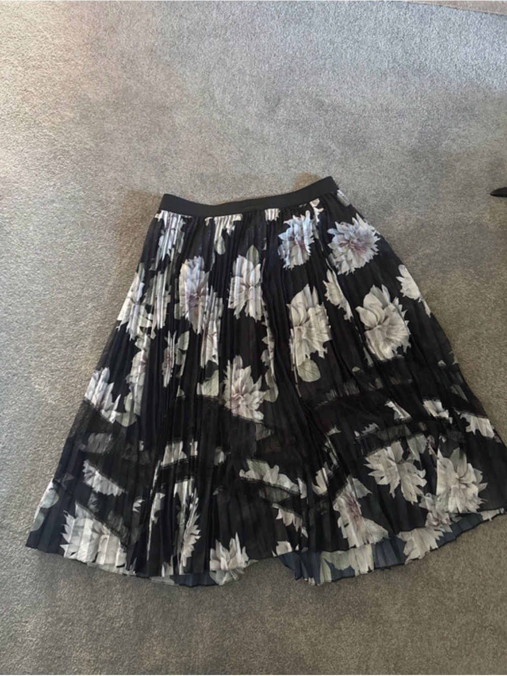 Ted Baker Black Pleated Floral Midi Skirt